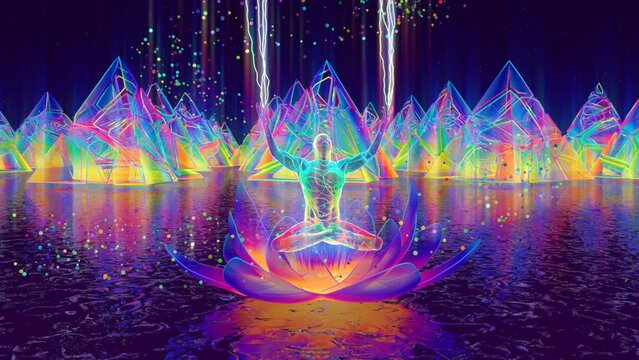 looped 3d animation of a yogi on a translucent 
 the lotus in the astral space creates radiance