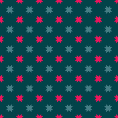 Vector geometric seamless pattern with flower silhouettes, crosses, snowflakes. Simple abstract floral ornament. Christmas vintage background. Texture in dark green and red color. Repeating design