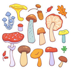 Set of cute cartoon mushrooms isolated on white background