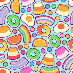 Bright colorful pattern with various sweets, marmalade, lollipops and jelly candies in cartoon style