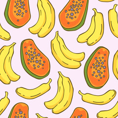Funny bright pattern with bananas and papaya in cartoon style
