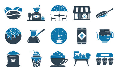 Coffee shop icon set - Coffee beans, Coffee maker, pot, shop, Scoop, cappuccino.