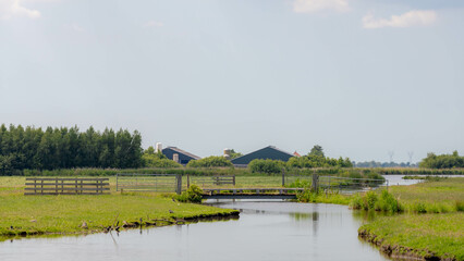 Countryside landscape, Flat and low land under blue sky, Typical Dutch polder and water with green...