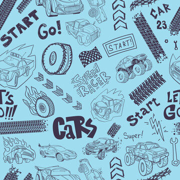 Abstract seamless cars pattern for boy on background. Childish style wheel auto repeated backdrop. Red and blue sportcar