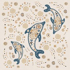 Hand drawn pattern of a dolphins and ethnic elements on a light background. Magic illustration pattern.