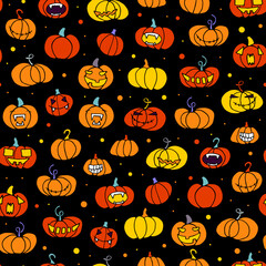 Seamless halloween scary orange pumpkin pattern. Funny, creepy, smiling face on black dot backgrounds. Doodle Autumn character. Happy Halloween symbol. Spooky vector trick or treat party illustration