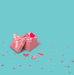 Gift pink box with hearts. Festive concept for Valentine's Day, Mother's Day or Birthday. Copy Space