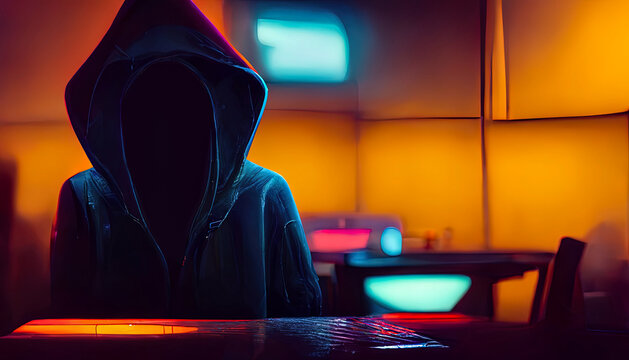 A young guy, a hacker, in a sweatshirt with a hood sits at a table in a dark room with neon light. 3D illustration.