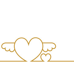Heart with wings. Two heart. Couple Love. Valentine's day card. Gold line sketch vector illustration