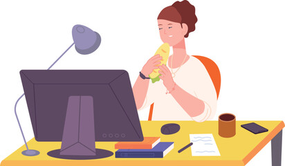Fototapeta premium Woman eating lunch at computer desk. Office meal break