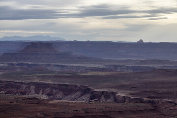 Fototapeta premium Scenic American Landscape and Red Rock Mountains in Desert Canyon. Spring Season. Canyonlands National Park. Utah, United States. Nature Background. Sunset