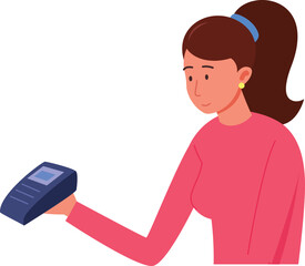 Woman holding NFC device. Mobile payment card reader
