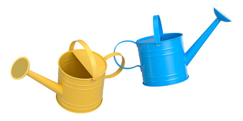 Set of watering can on white background. 3d render of gardening equipment tools