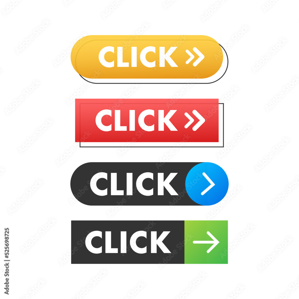 Poster yellow click on white background. digital download. click here vector web button.