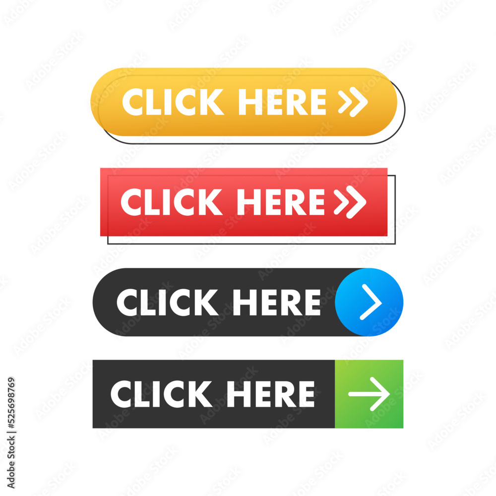 Poster click here button with hand pointer clicking. vector stock illustration.