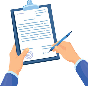 Hands Writing Signature On Document. Signing Contract Concept