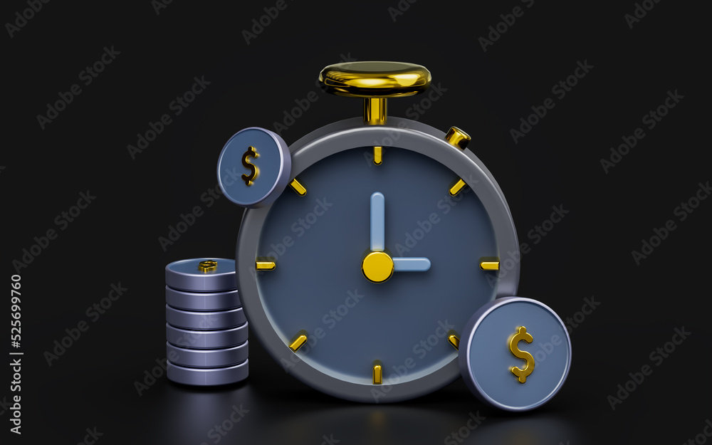Wall mural clock with dollar coin sign on dark background 3d render concept for productivity