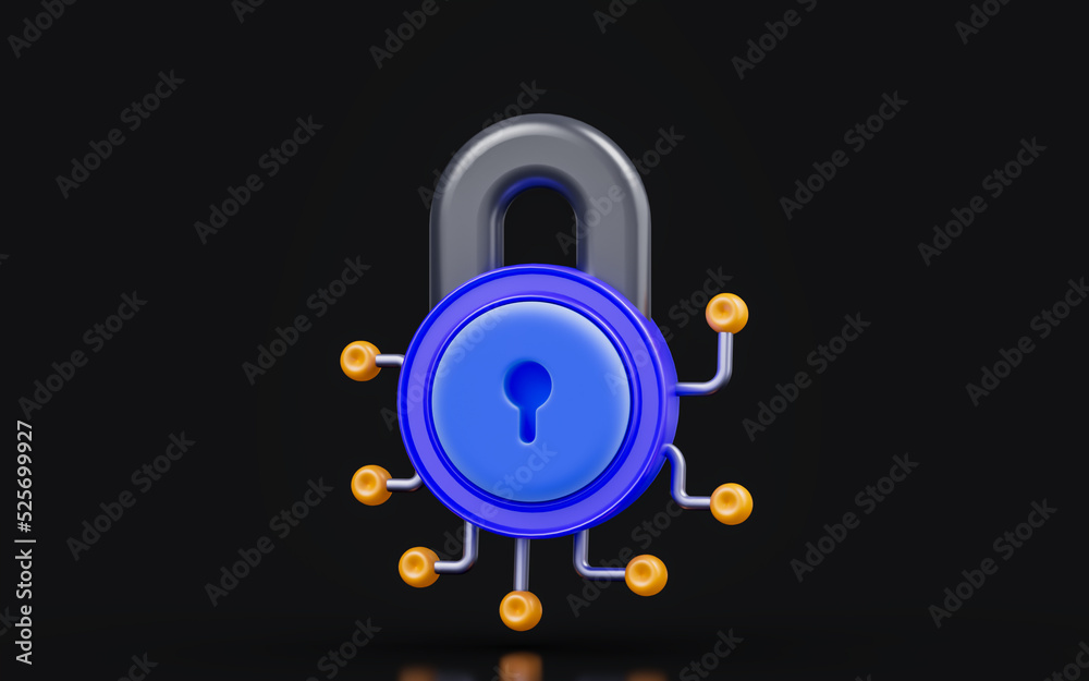 Wall mural lock sign with connectivity on dark background 3d render concept for networking protection