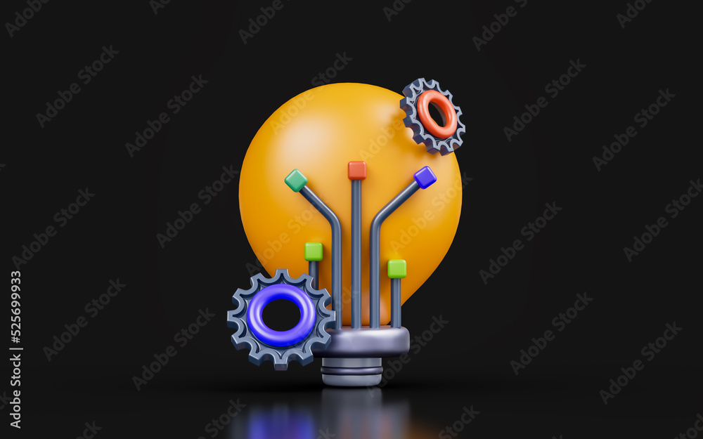 Poster lightbulb sign with gear setting on dark background 3d render concept for technology innovation