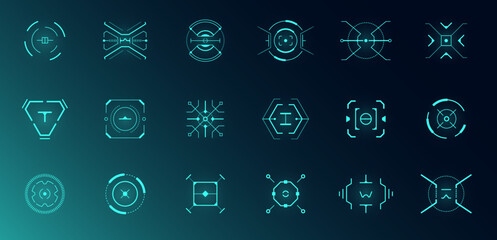 HUD aim control target system set. GUI and FUI interface. Futuristic military optical aiming collection. GUI digital radar elements. Collimator focus range sights. Digital dashboard vector crosshairs