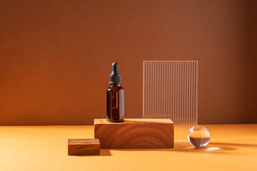 Cosmetic dropper bottle creative modern wood and glass podium. Brown background with hard shadows