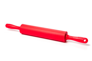 red rolling pin with silicone coating for rolling dough on a white background.