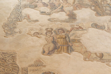 Ancient stone mosaics. Archaeological Park, Paphos, Cyprus. Mythological scenes on the floors.