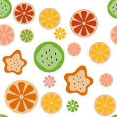 Vector seamless summer pattern. Textile pattern with fruits. Summer background. Orange and lime. Tropical slices of fruits