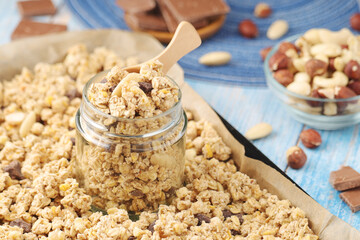 Homemade granola with nuts and chocolate