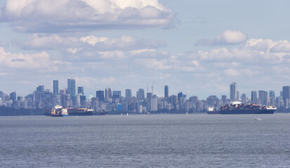 Obraz premium Downtown City Skyline with Industrial Cargo Ships. Sunny Cloudy Day. Vancouver, British Columbia, Canada.