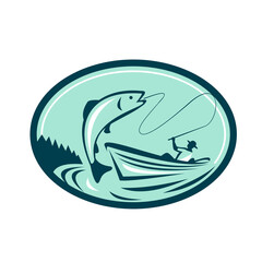 Fly Fisherman Boat Reeling Trout Retro