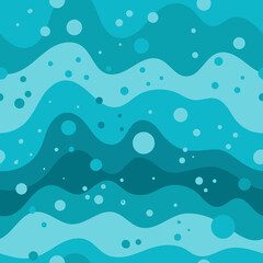 Seamless vector background in a flat style. Blue waves, gradient from dark to light. Sea foam, bubbles. Horizontal stripes. Minimalism. Great summer background.