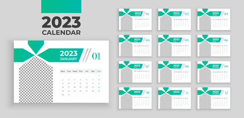 Desktop Monthly Photo Calendar 2023. 12 months templates in English. Week starts from Monday. Planner in minimalist style with place for photo. Vector editable corporate and business calendar
