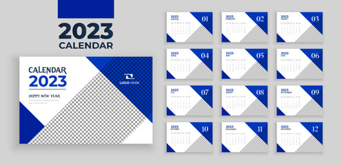 Desktop Monthly Photo Calendar 2023. Cover Calendar, 12 months templates in English. Week starts from Monday. Planner in minimalist style with place for photo. editable Vector illustration