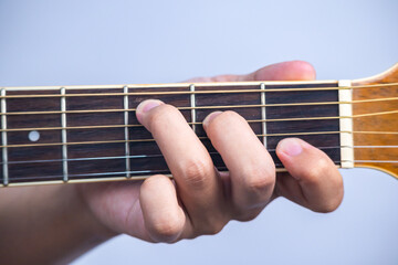 C chord ,how to arrange guitar chords, beginner guitar, stringed music , minor major basic and close up finger on flat - obrazy, fototapety, plakaty