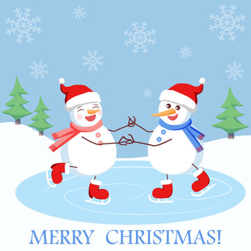 Figure skating of a pair of happy snowmen on ice in a snowy forest.