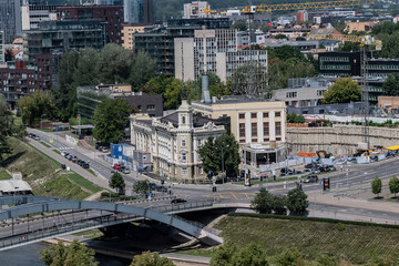 Fototapeta premium Panoramic view of Vilnius old city, modern downtown and river Neris embankment. VILNIUS, LITHUANIA. 