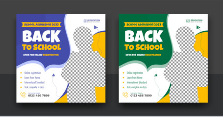 School admission template for social media ad. back to school social media post banner design set. promotional discount banner template design. Back to School admission by social media Instagram