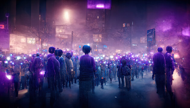 Smartphones And People In Purple Enviroment