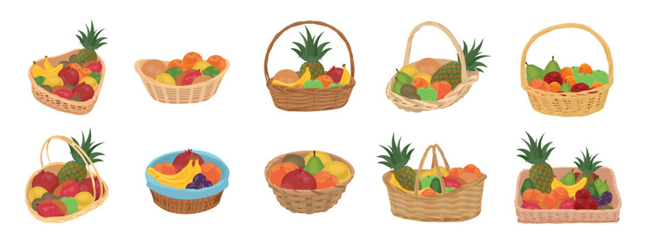 Set of wicker baskets with different fruits on white background