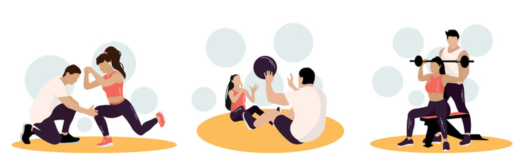 Set of sporty woman training with coach on white background