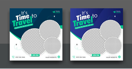 Travel agency social media post template design of summer beach, Tour travel holiday tourism marketing social media post.Editable illustration