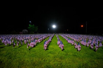 View of thousands of US flags at night for remembrance of the Memorial Day