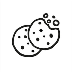 Two chocolate chip cookies icon of chocolate cake on white background. Simple cookie icon vector illustration. Bitten cookies silhouette or logo. Round black and white biscuit symbol isolated