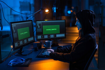cybercrime, hacking and technology concept - female hacker in dark room breaking security system or...