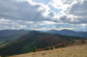 Picturesque autumn Carpathian landscape with gentle slopes of mountains covered with multi-colored forest under low clouds with rays of the sun