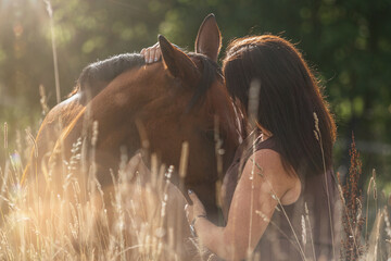 Portrait of a female equestrian interacting with her horse. A young woman cuddle with her brown...