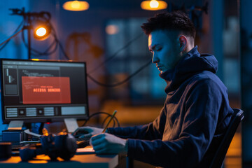 cybercrime, hacking and technology concept - male hacker in dark room writing to notebook and using computer virus program for cyber attack
