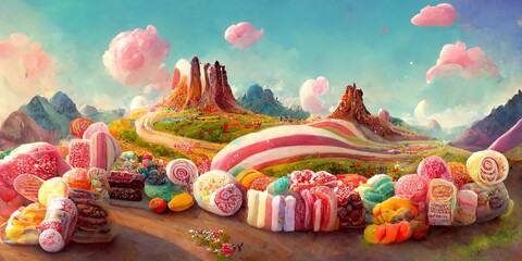 Fantasy candy land with colorful made of candy, lollipops, cake, chocolate and sweets, bright colors