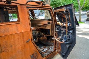 Burned interior of russian Tigr-M infantry mobility vehicle shot down during the battle for Kyiv. 